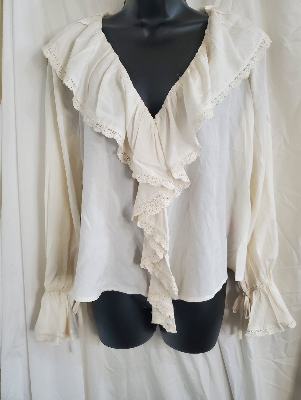 Muse cream ruffled front poetic lace trim sailor style collar v-front blouse